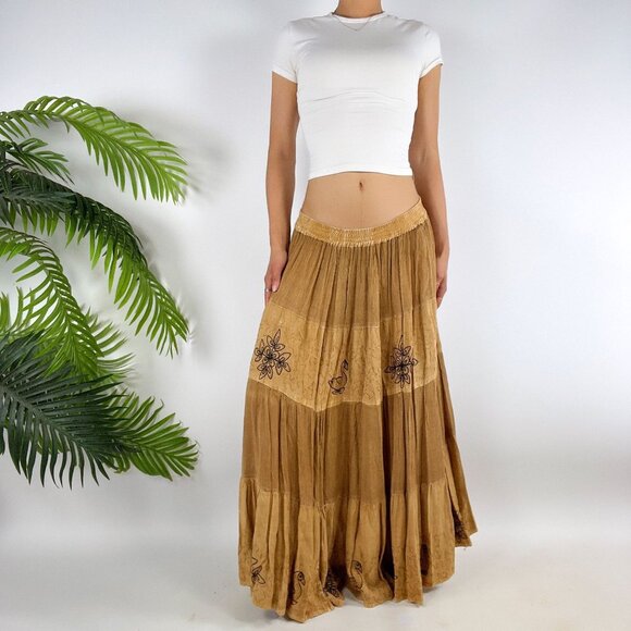 Vintage 90s Tan Embroidered Boho Fairy Grunge Hippie Maxi Skirt